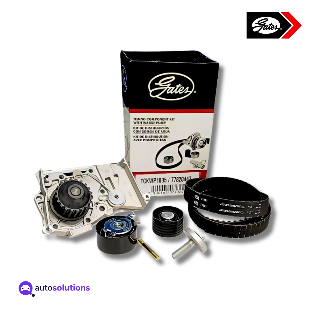 Kit de distribución Gates TCKWP1095M con bomba de agua, banda de tiempo y poleas para motor en fondo blanco.