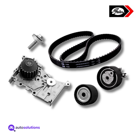 Kit de distribución Gates TCKWP1095M con banda de tiempo, bomba de agua y poleas tensores sobre fondo blanco.