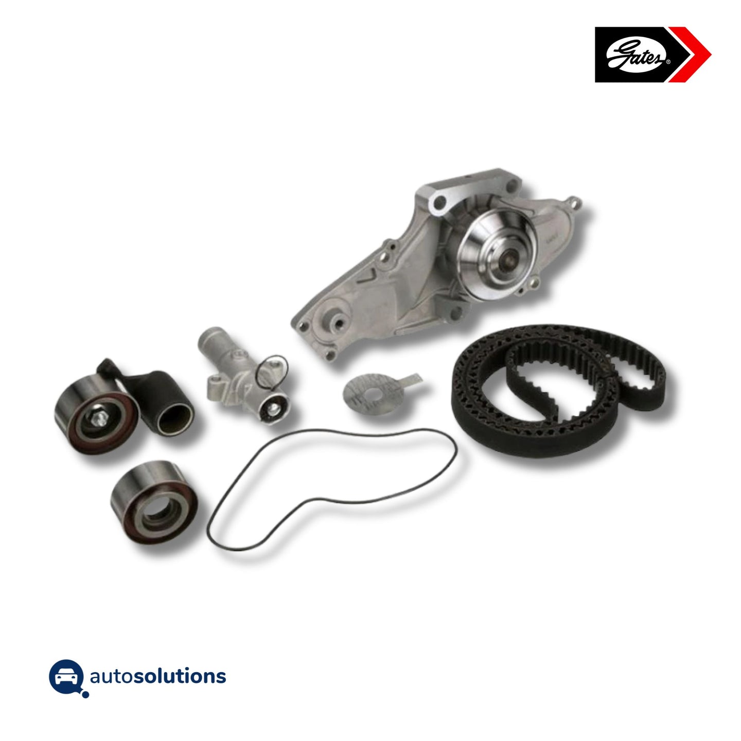 Kit de distribución Gates TCKWP329 con bomba de agua, banda de tiempo, poleas y tensores sobre fondo blanco.