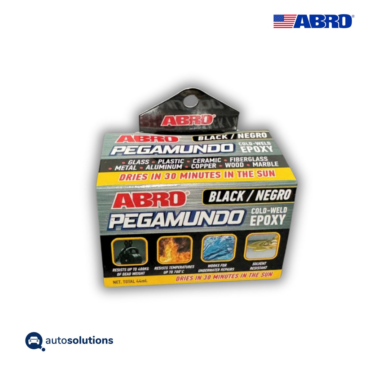 Pegamundo adhesivo epóxico ABRO negro 44ml soldadura fría alta resistencia aplicaciones automotrices
