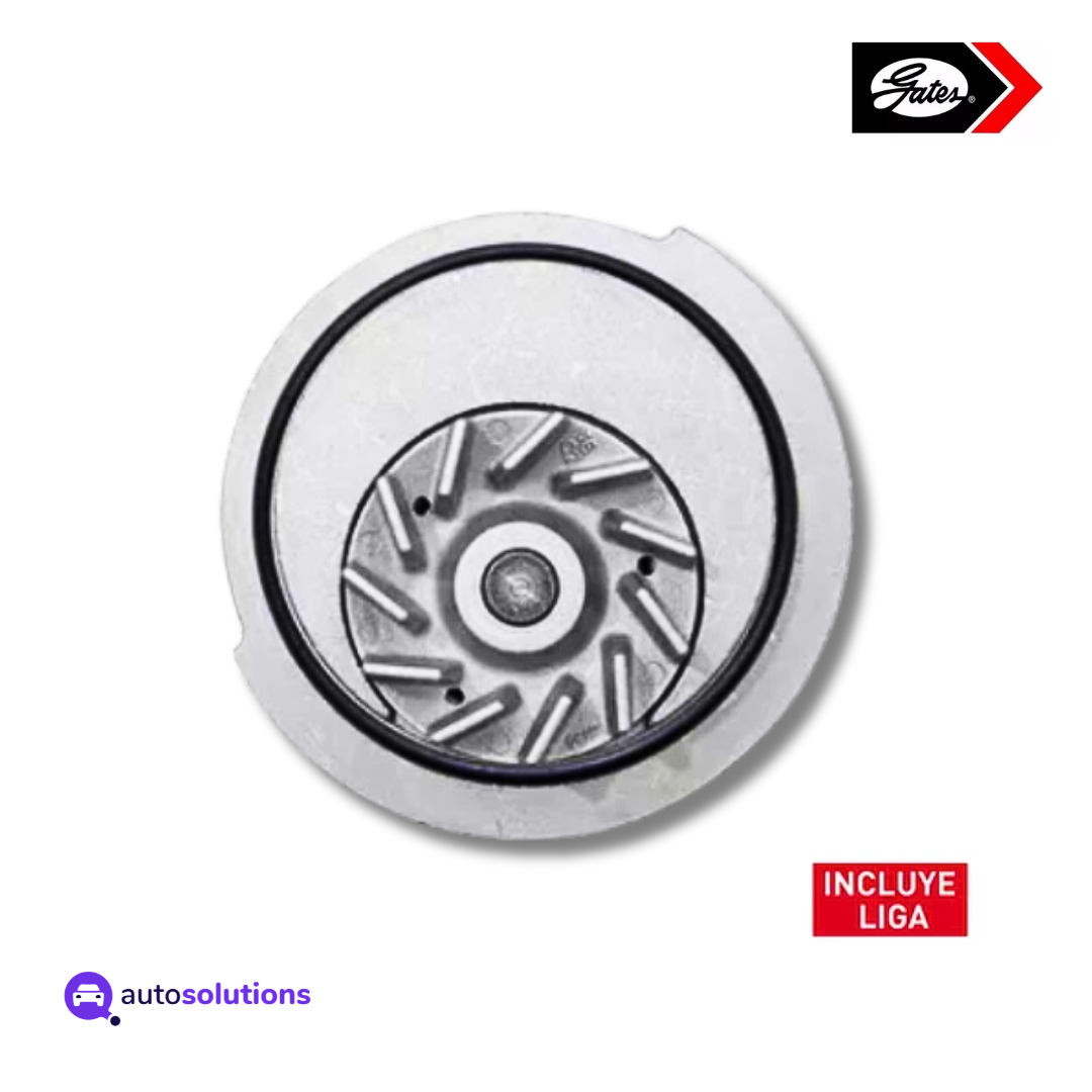 Bomba de agua Gates para kit de distribución TCKWP335 con liga incluida sobre fondo blanco.